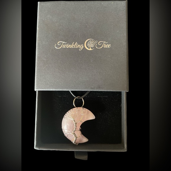 Twinkling Tree Rose Quartz Crescent Moon Tree of Life Necklace - Picture 4 of 9